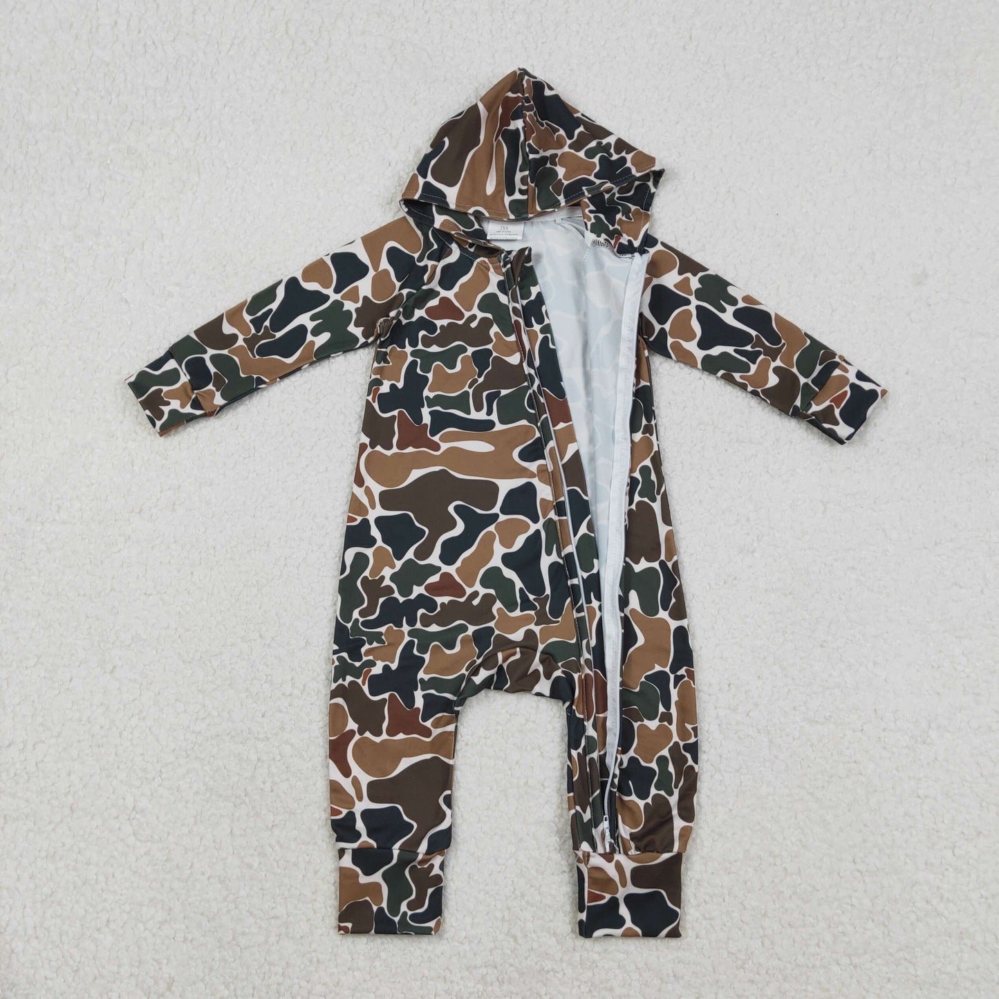LR2815 Baby Boys Southern Dark Brown Camo Two Way Zip Hoodies Hunting Rompers