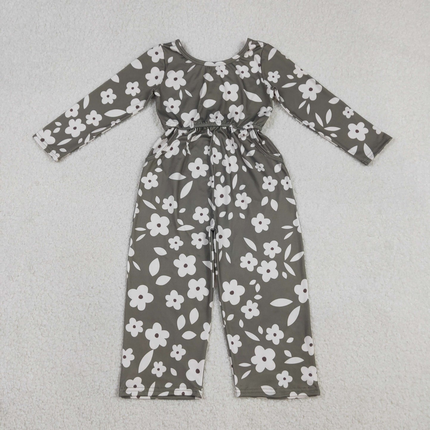 LR2828 Baby Girls Grey Long Sleeve Flowers Pockets Pants Jumpsuits