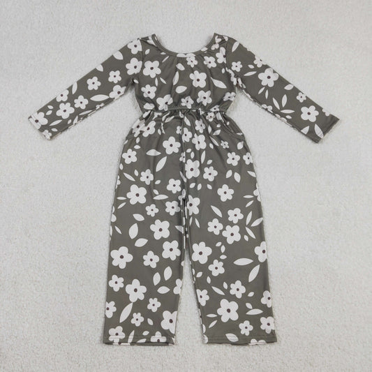 LR2828 Baby Girls Grey Long Sleeve Flowers Pockets Pants Jumpsuits