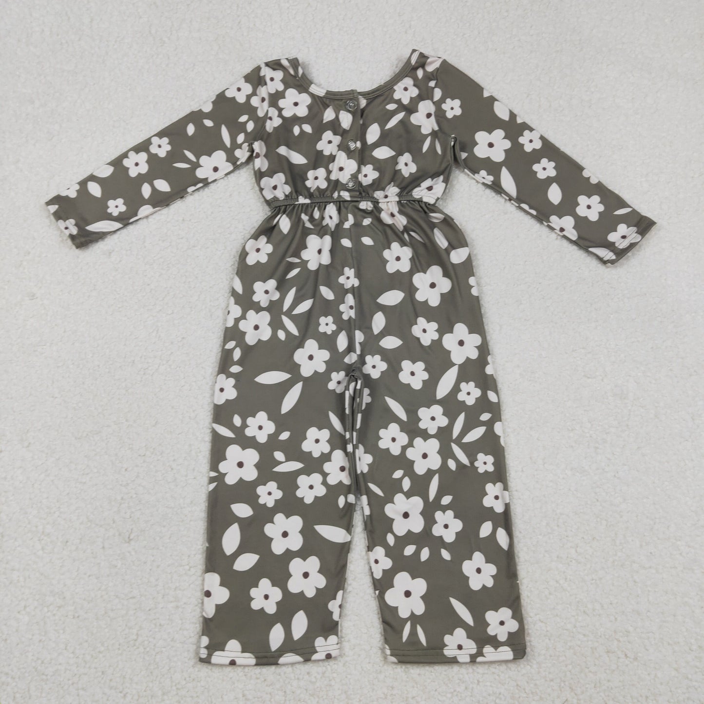LR2828 Baby Girls Grey Long Sleeve Flowers Pockets Pants Jumpsuits