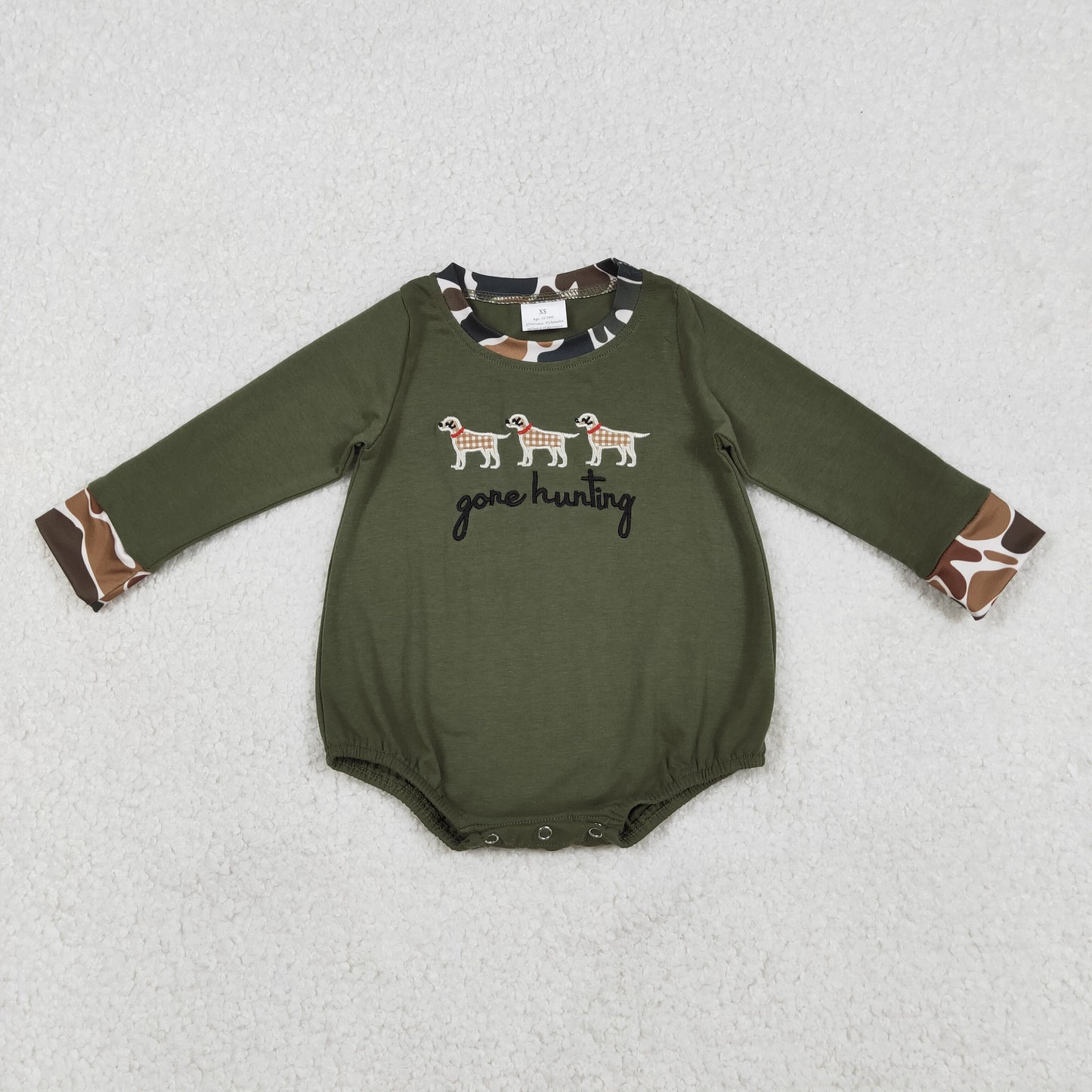 LR2836 Baby Boys Dark Green Embroidery Dogs Gone Hunting Rompers
