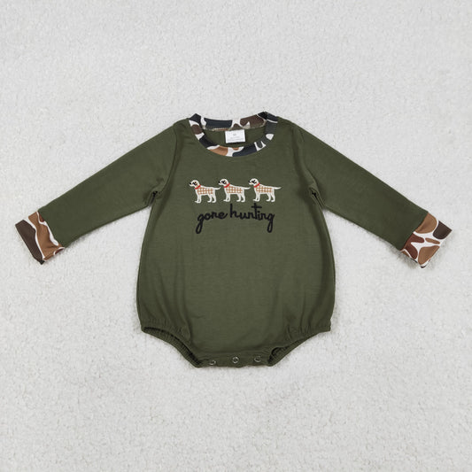 LR2836 Baby Boys Dark Green Embroidery Dogs Gone Hunting Rompers