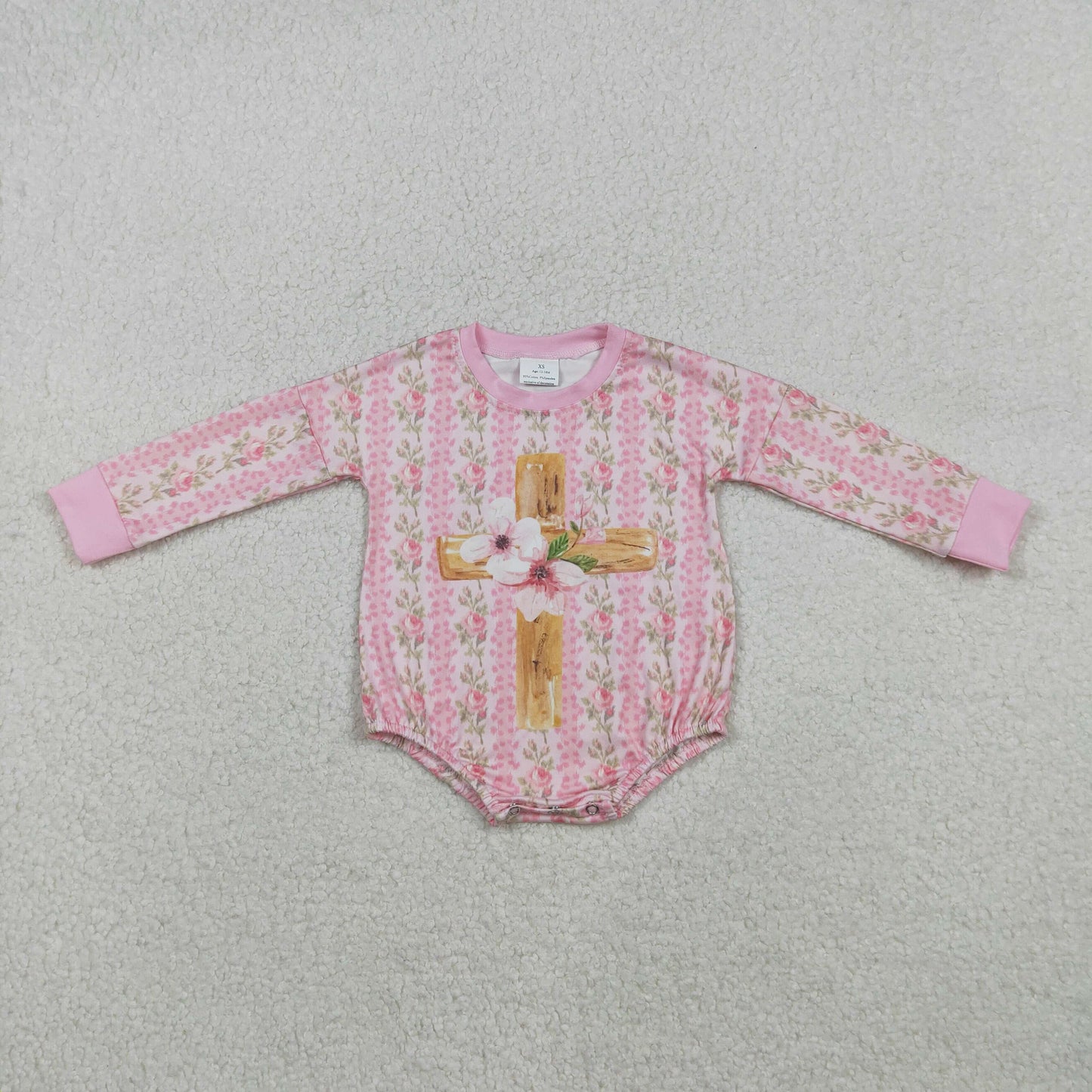 LR2837 Baby Girls Pink Flower Crosses Easter Ruffle Rompers