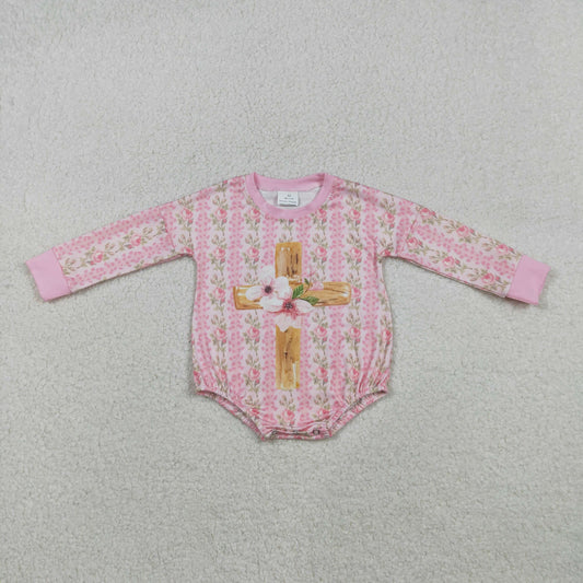 LR2837 Baby Girls Pink Flower Crosses Easter Ruffle Rompers