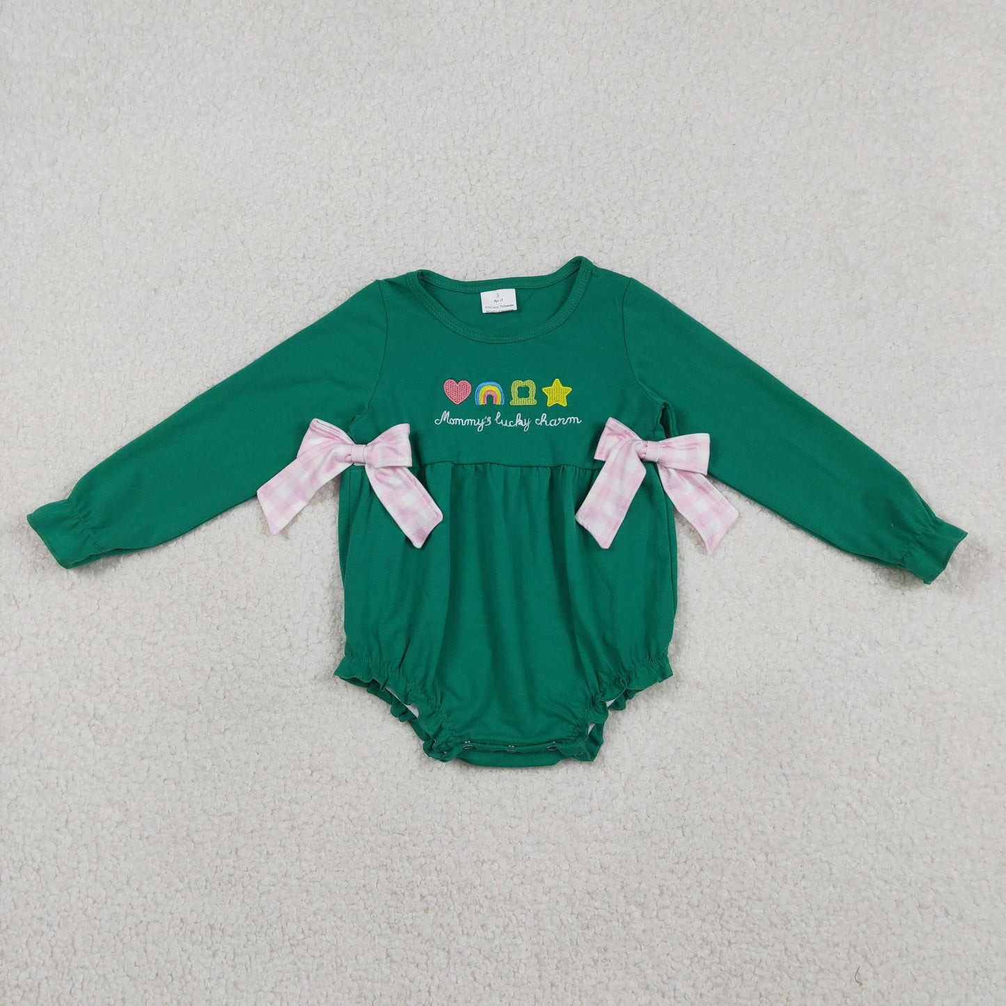 LR2839 Baby Girls Long Sleeve Embroidery Rainbow Clovers St Patrick Ruffle Rompers
