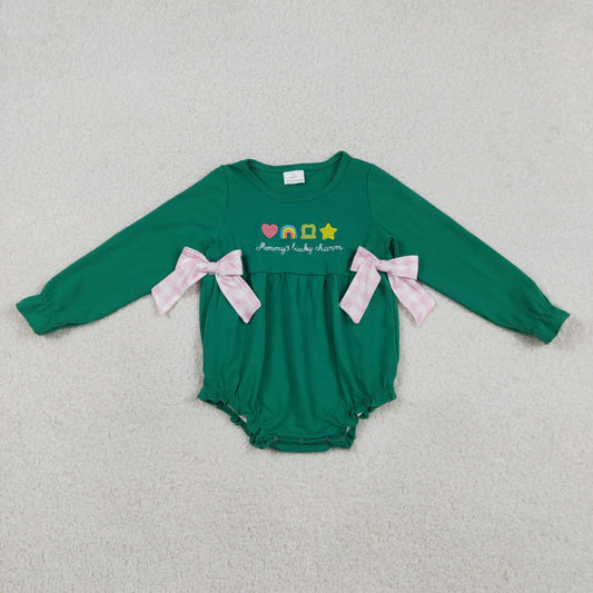 LR2839 Baby Girls Long Sleeve Embroidery Rainbow Clovers St Patrick Ruffle Rompers