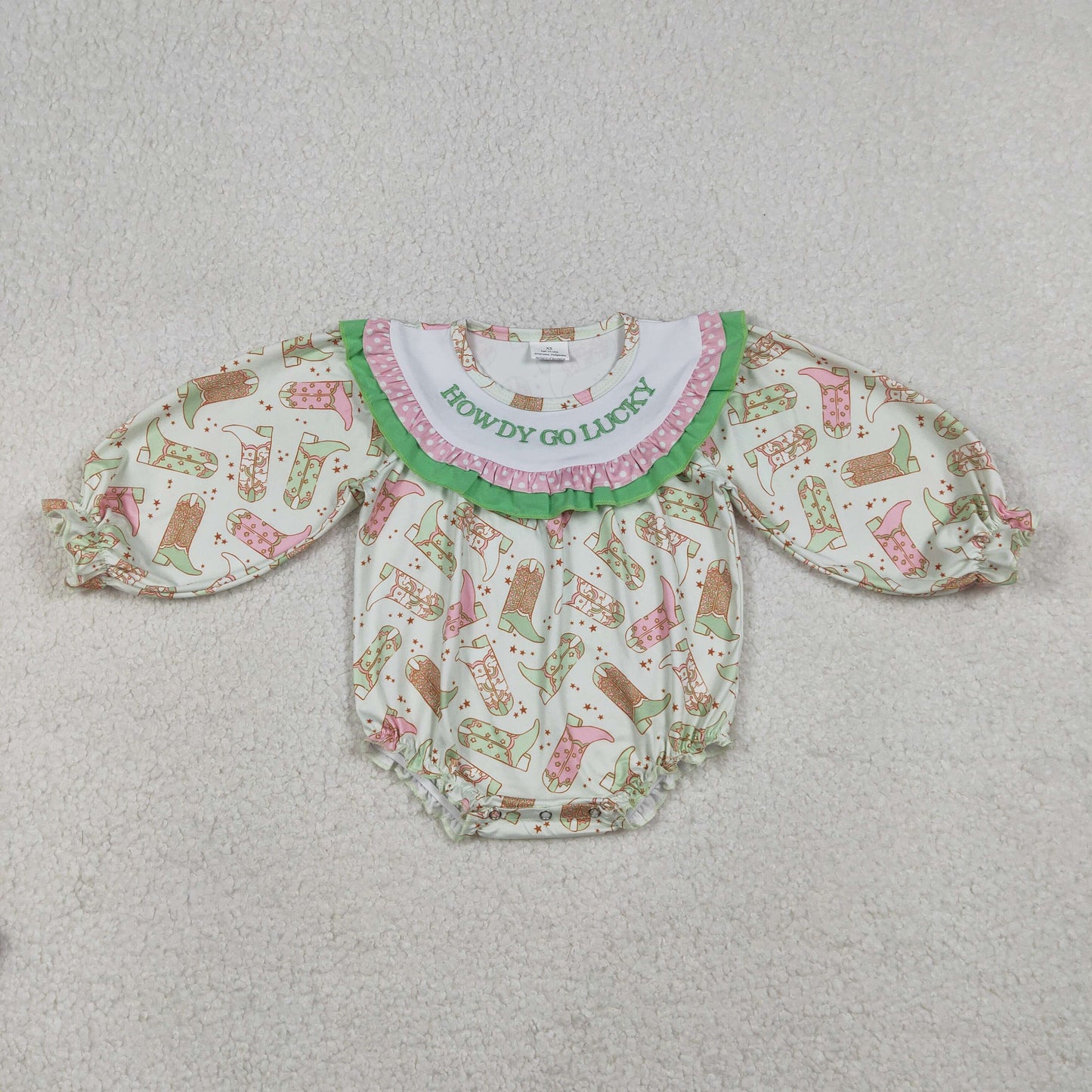 LR2840 Baby Girls Long Sleeve Embroidery Howdy Go Lucky Boots Western Ruffle Romper