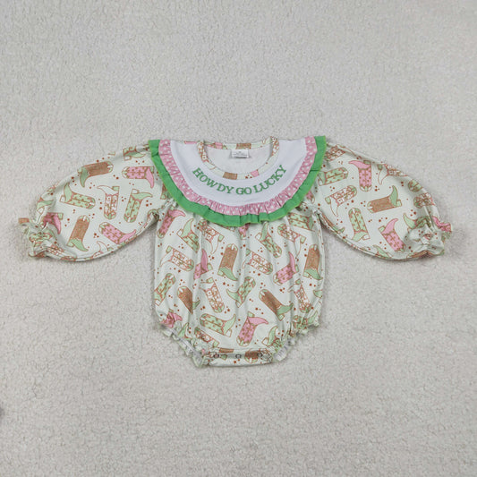 LR2840 Baby Girls Long Sleeve Embroidery Howdy Go Lucky Boots Western Ruffle Romper