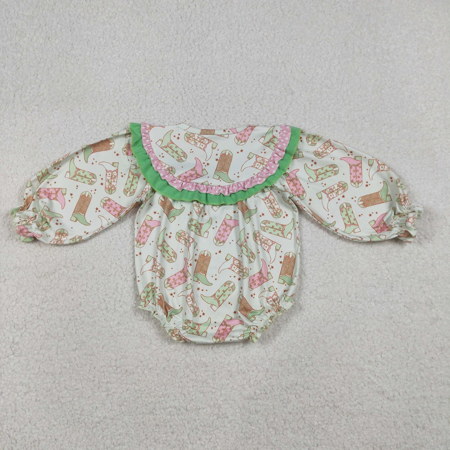 LR2840 Baby Girls Long Sleeve Embroidery Howdy Go Lucky Boots Western Ruffle Romper