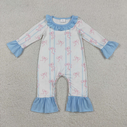LR2845 Baby Girls Long Ruffle Sleeve Blue Stripe Bows Collar Rompers