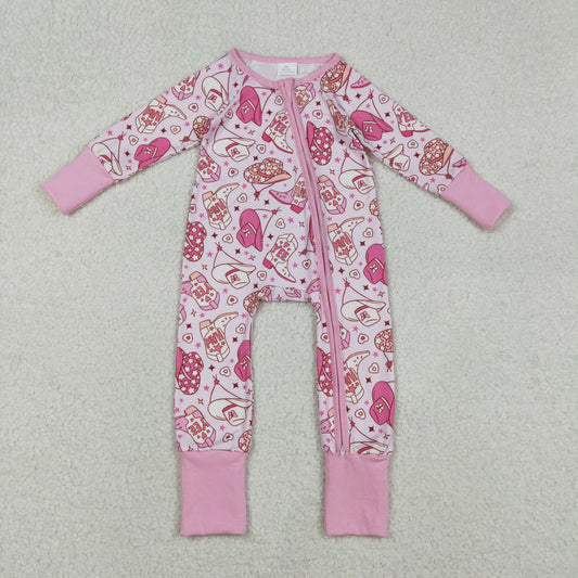 LR2855 Baby Girls Hearts Hats Boots Western Two Way Zip Convertible Rompers