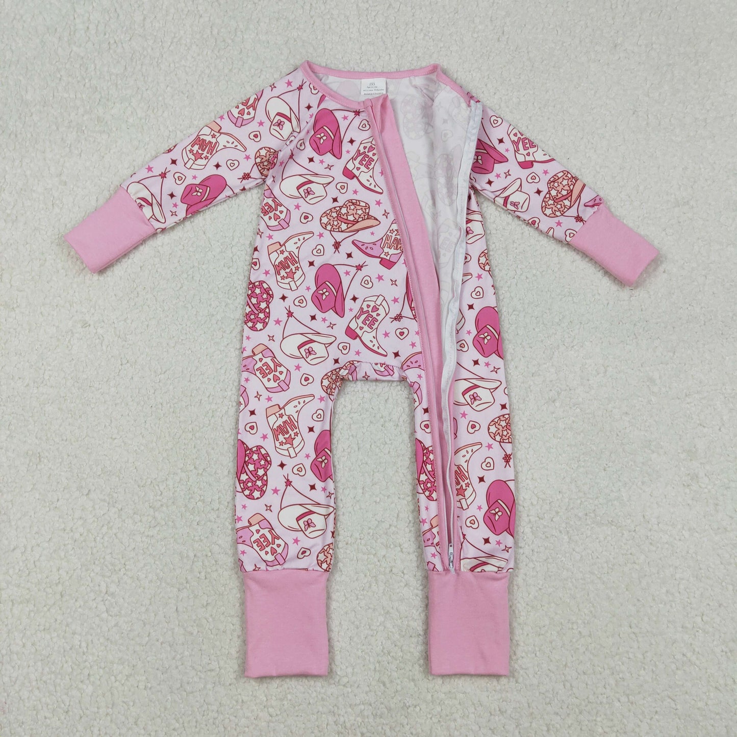 LR2855 Baby Girls Hearts Hats Boots Western Two Way Zip Convertible Rompers