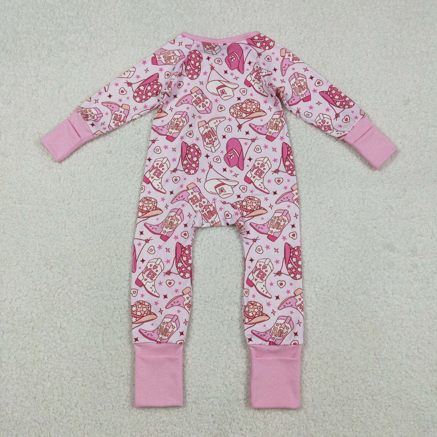 LR2855 Baby Girls Hearts Hats Boots Western Two Way Zip Convertible Rompers