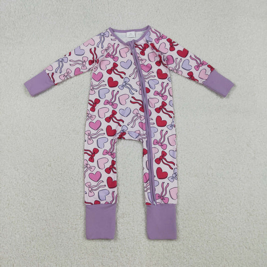 LR2883 Baby Girls Colorful Bows Hearts Valentines Two Way Zip Convertible Rompers