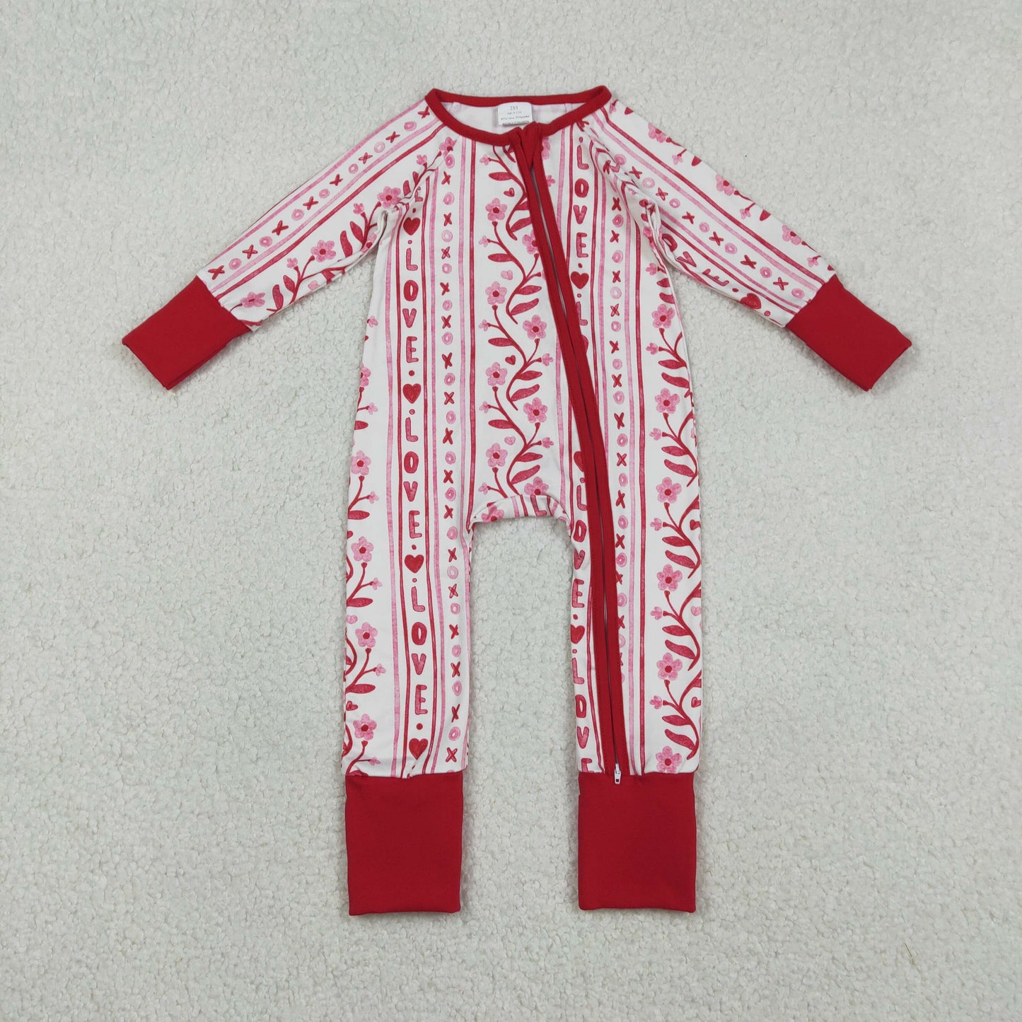 LR2884 Baby Girls Loves XOXO Flowers Valentines Two Way Zip Convertible Rompers