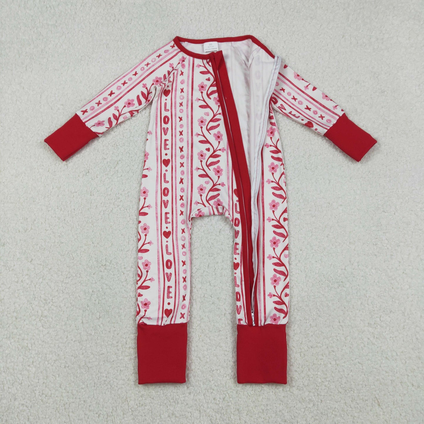 LR2884 Baby Girls Loves XOXO Flowers Valentines Two Way Zip Convertible Rompers