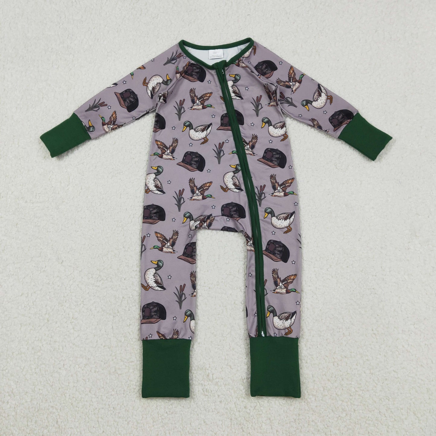 LR2886 Baby Girls Camo Hats Ducks Hunting Two Way Zip Convertible Rompers