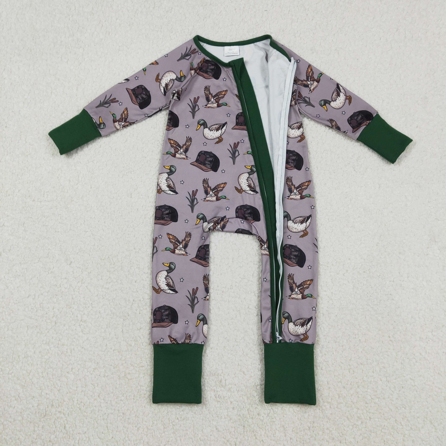 LR2886 Baby Girls Camo Hats Ducks Hunting Two Way Zip Convertible Rompers