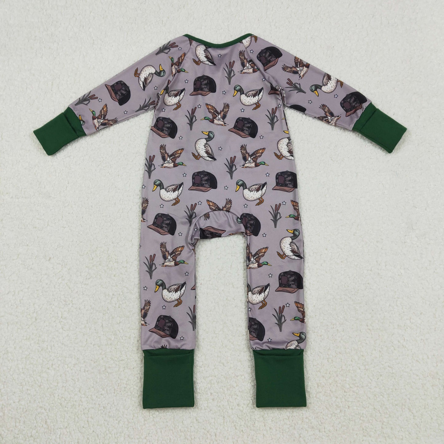 LR2886 Baby Girls Camo Hats Ducks Hunting Two Way Zip Convertible Rompers