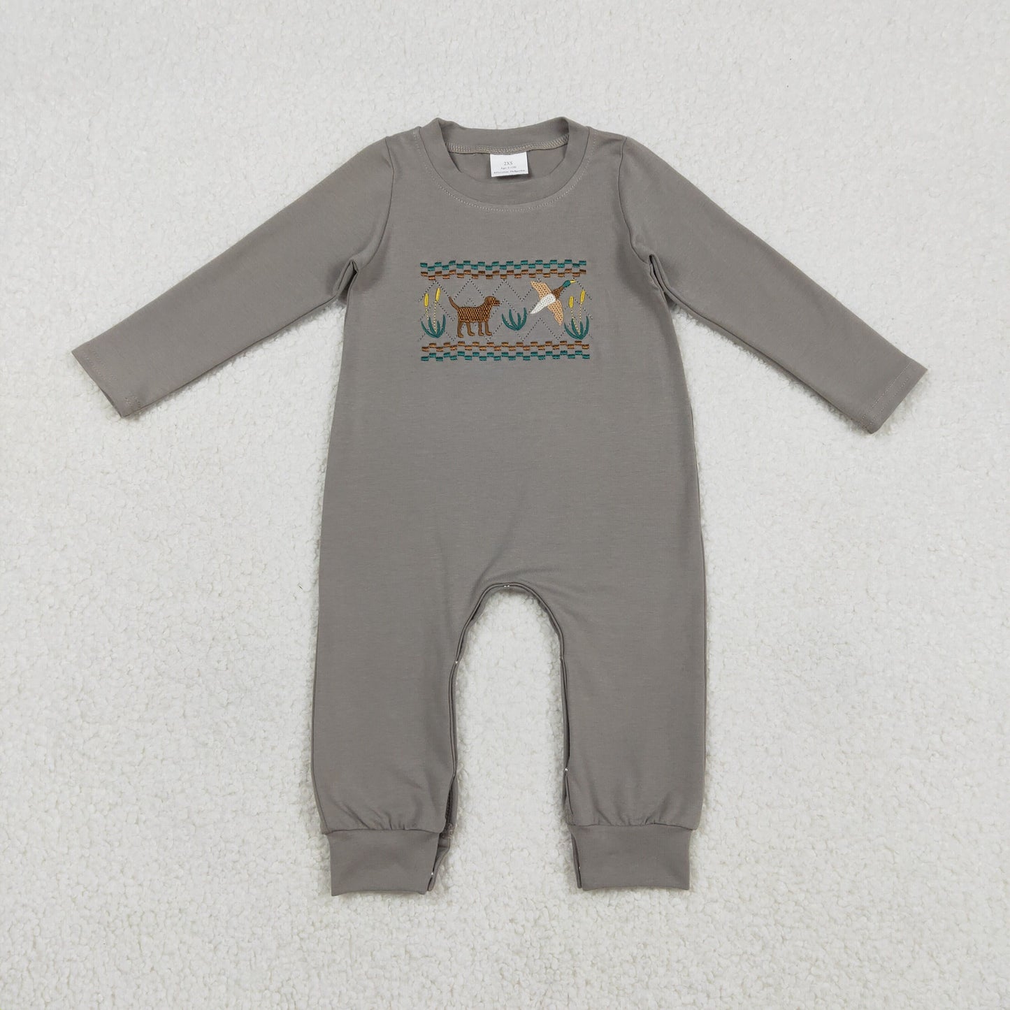 LR2909 Baby Boys Grey Long Sleeve Embroidery Dog Ducks Hunting Rompers