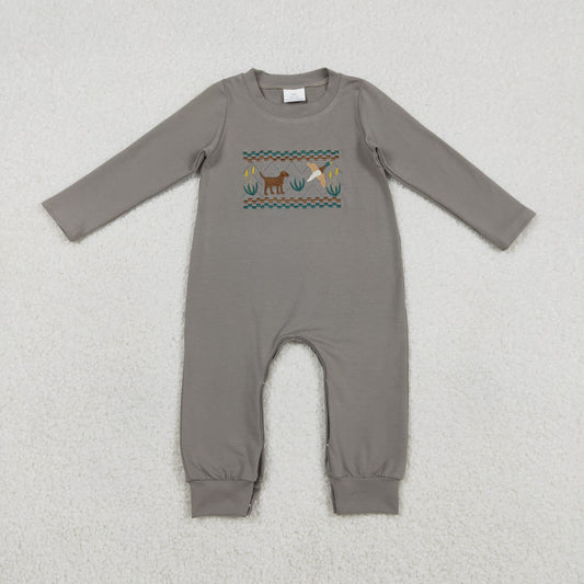 LR2909 Baby Boys Grey Long Sleeve Embroidery Dog Ducks Hunting Rompers