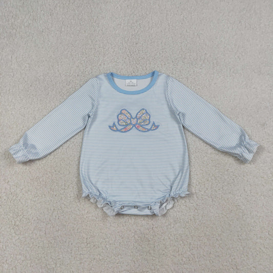 LR2917 Baby Girls Blue Stripe Embroidery Floral Bows Ruffle Rompers