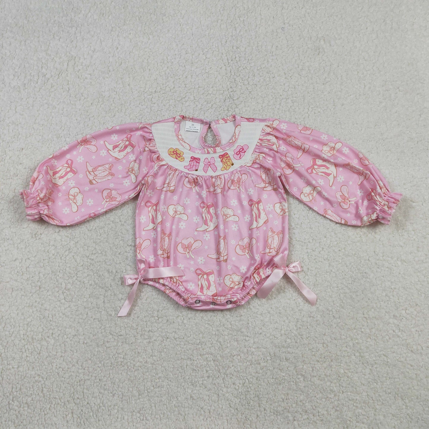 LR2938 Smocked Hat Boot Bows Baby Girls Flowers Western Ruffle Rompers