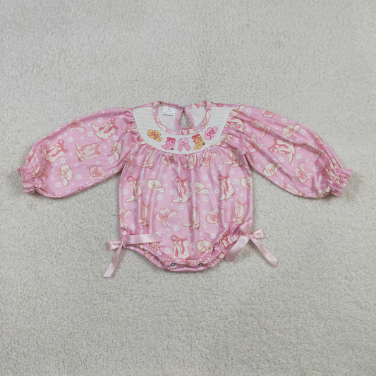 LR2938 Smocked Hat Boot Bows Baby Girls Flowers Western Ruffle Rompers