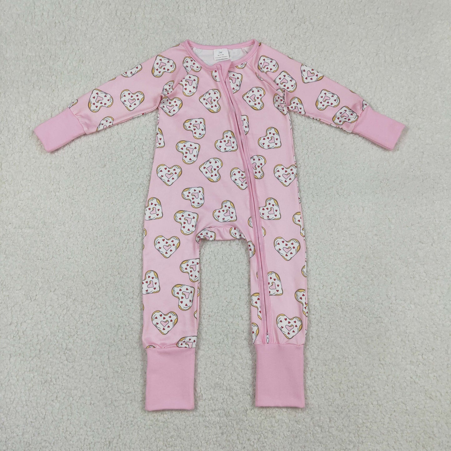 LR2960 Baby Girls Pink Hearts Donuts Valentines Two Way Zip Convertible Rompers