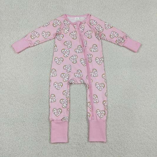 LR2960 Baby Girls Pink Hearts Donuts Valentines Two Way Zip Convertible Rompers