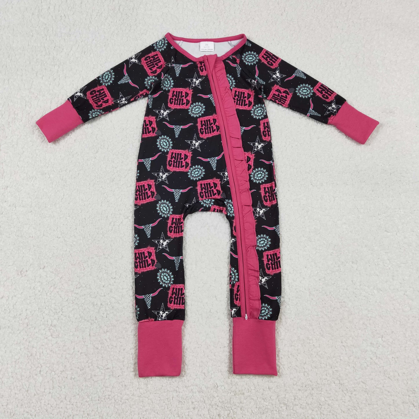 LR2962 Baby Girls Wild Child Cows Turquoises Western Two Way Ruffle Zip Convertible Rompers