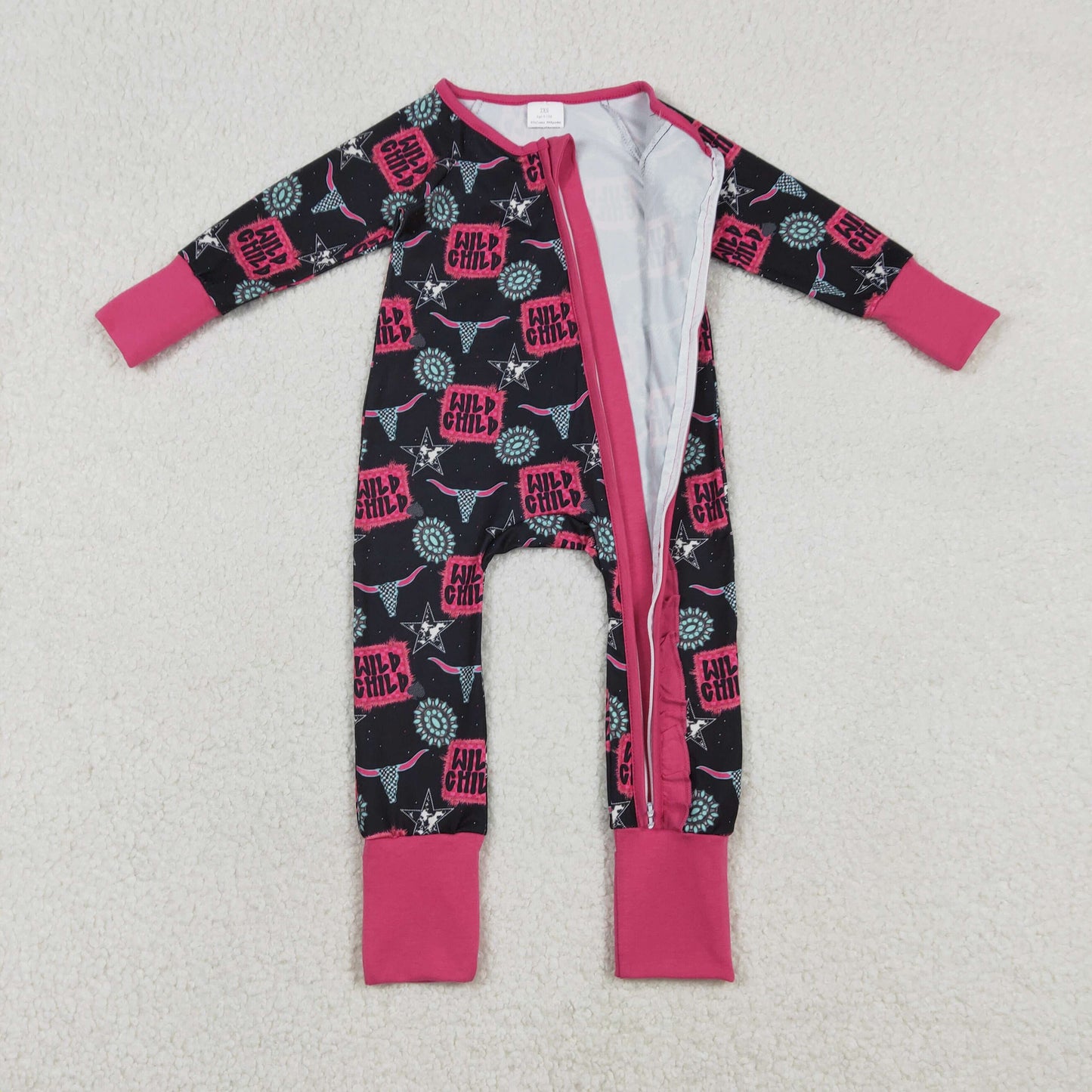 LR2962 Baby Girls Wild Child Cows Turquoises Western Two Way Ruffle Zip Convertible Rompers