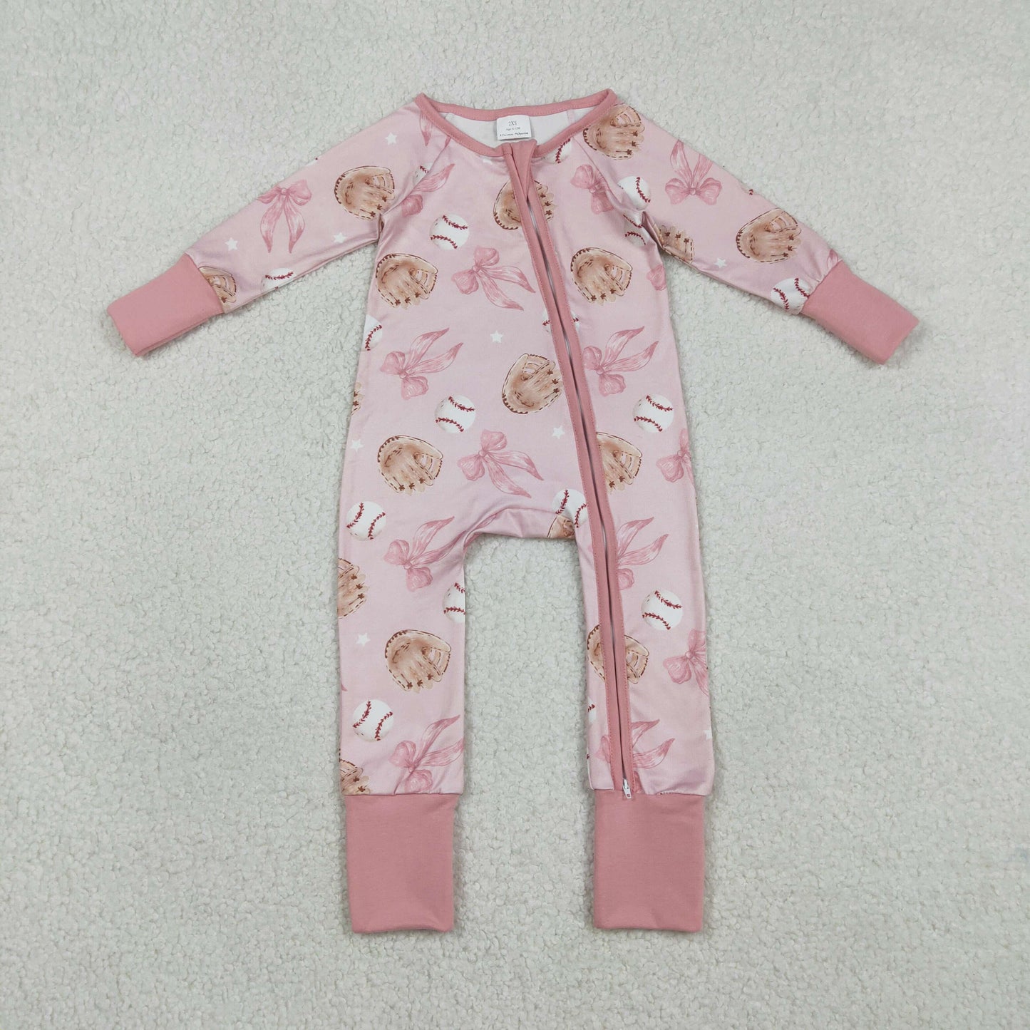 LR2967 Baby Girls Pink Bows Baseballs Team Two Way Zip Convertible Rompers