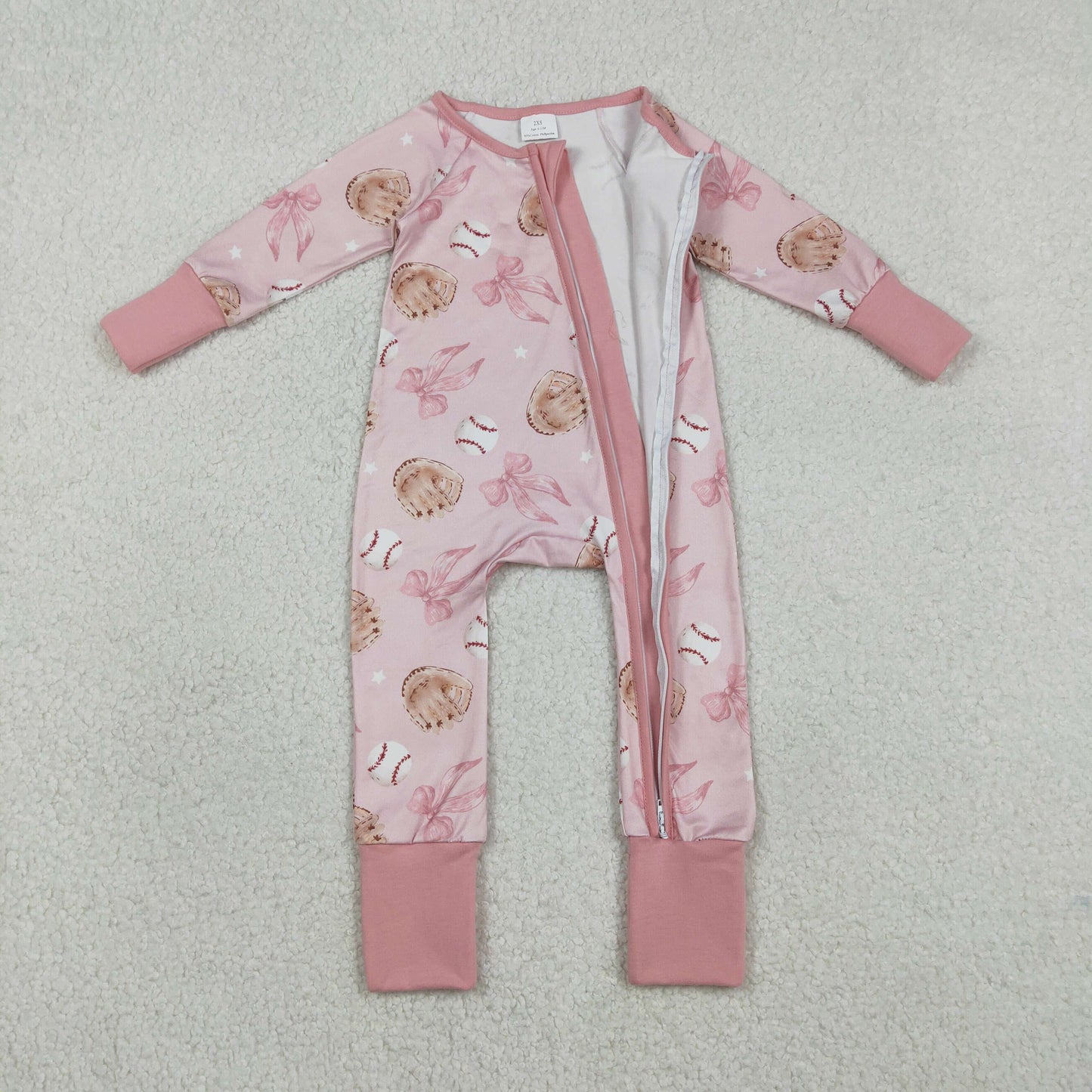 LR2967 Baby Girls Pink Bows Baseballs Team Two Way Zip Convertible Rompers