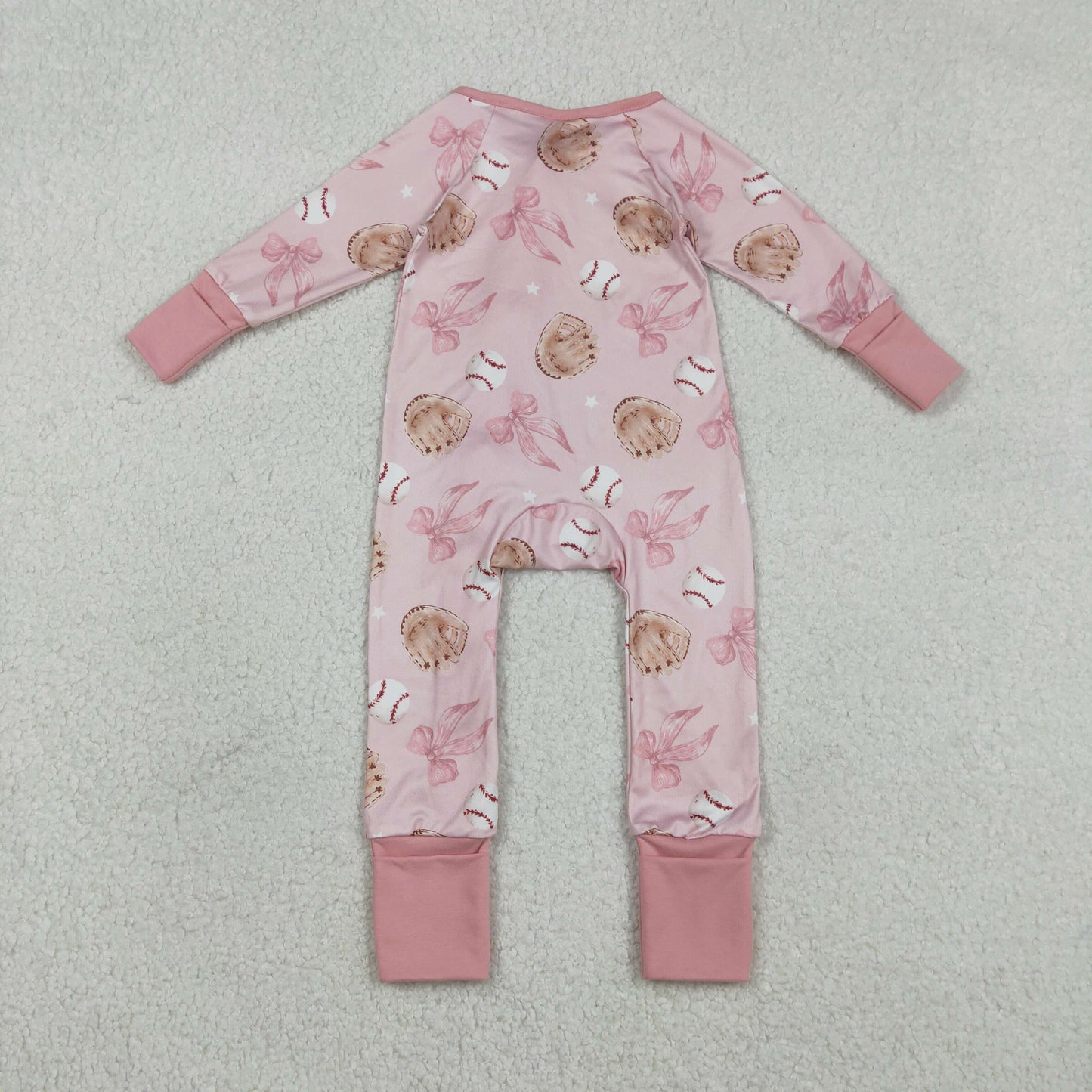 LR2967 Baby Girls Pink Bows Baseballs Team Two Way Zip Convertible Rompers