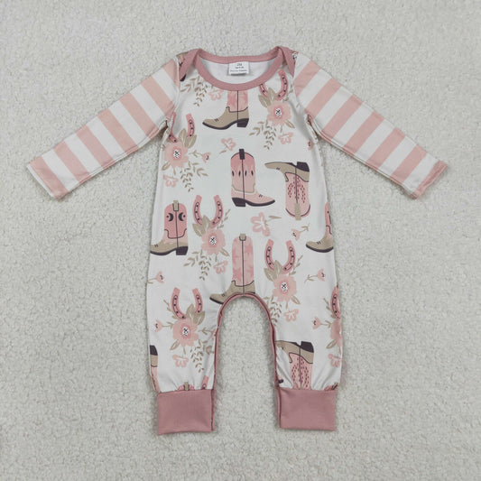 LR2976 Baby Girls Pink Stripe Long Sleeve Flowers Boots Western Rompers