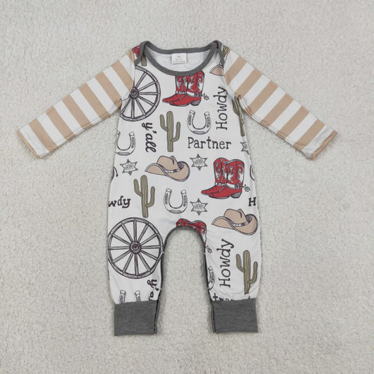 LR2977 Baby Boys Stripe Long Sleeve Cactus Hats Boots Western Rompers