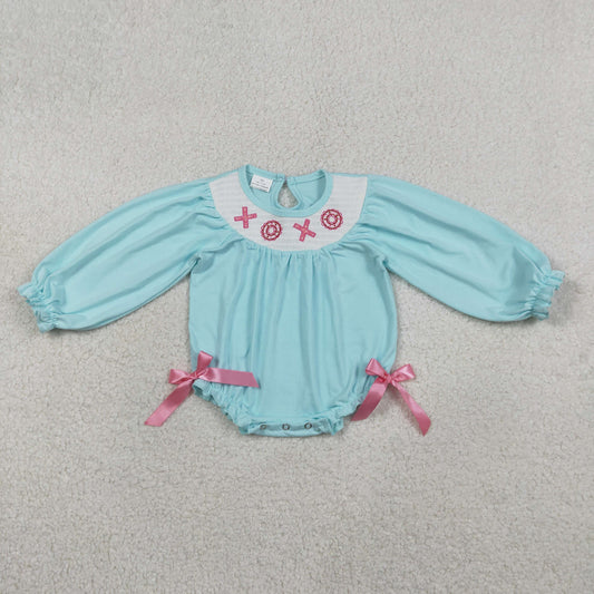 LR2982 Smocked XOXO Baby Girls Long Ruffle Sleeve Valentines Rompers