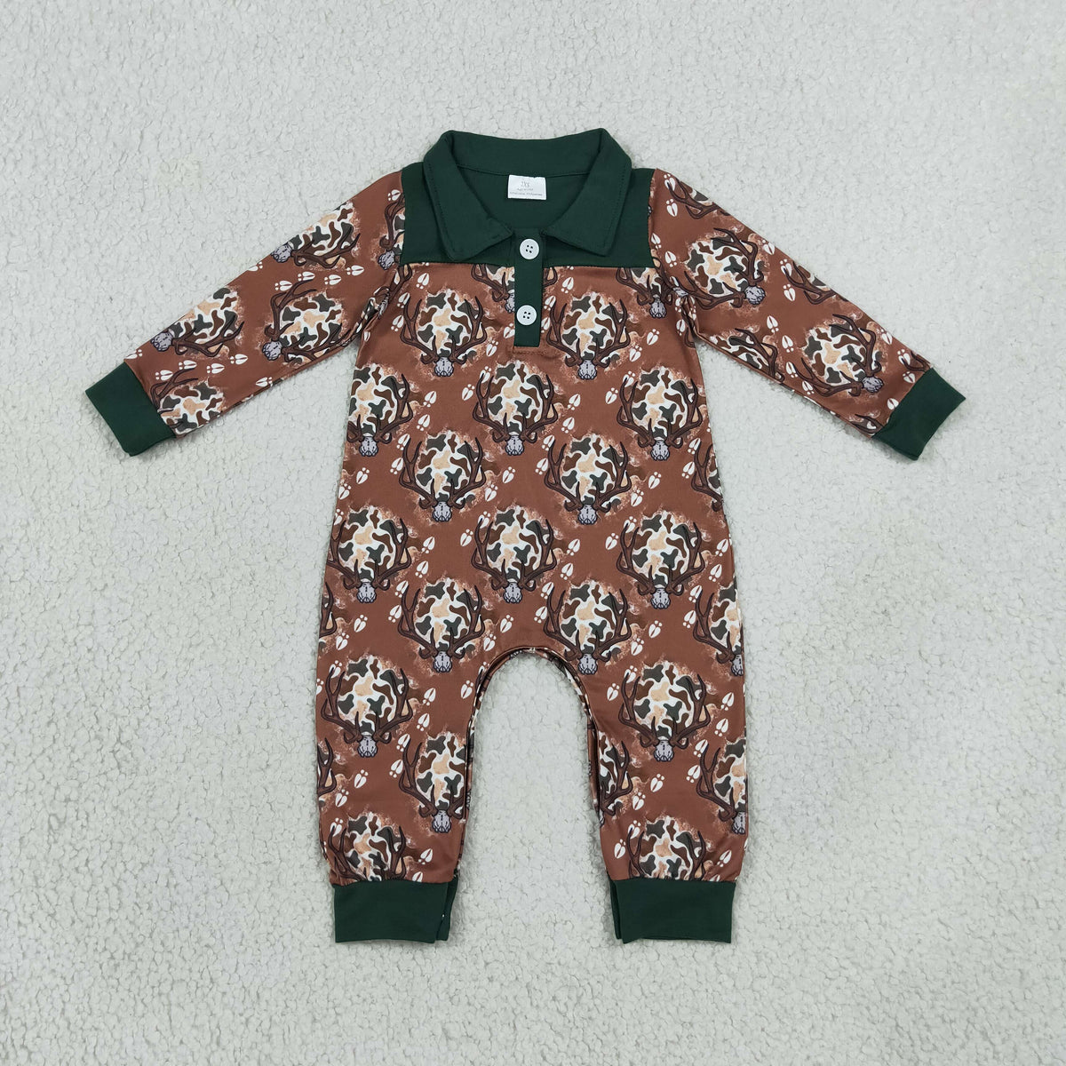 LR3013 Baby Boys Long Sleeve Brown Deer Camo Hunting Button Pant Rompers