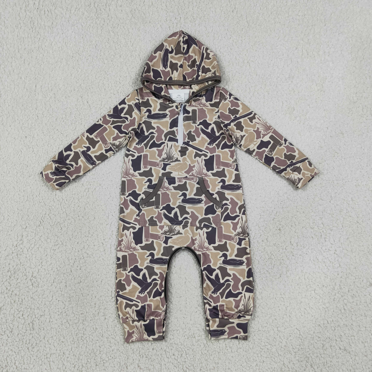 LR3029 Baby Boys Long Sleeve Ducks Camo Hunting Zip Pockets Hoodie Pant Rompers