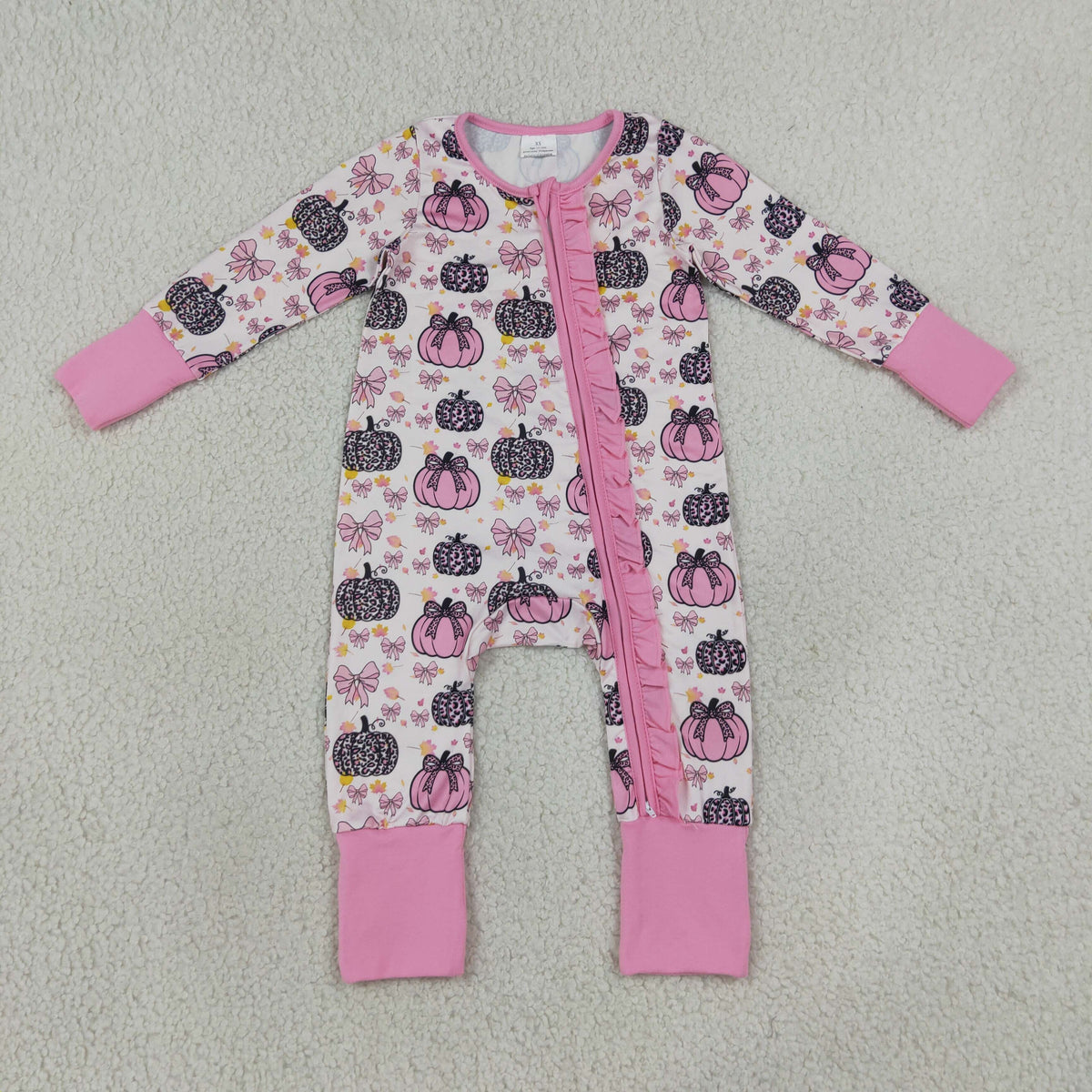LR3061 Baby Girls Pink Bows Pumpkins Fall Two Way Ruffle Zip Convertible Rompers