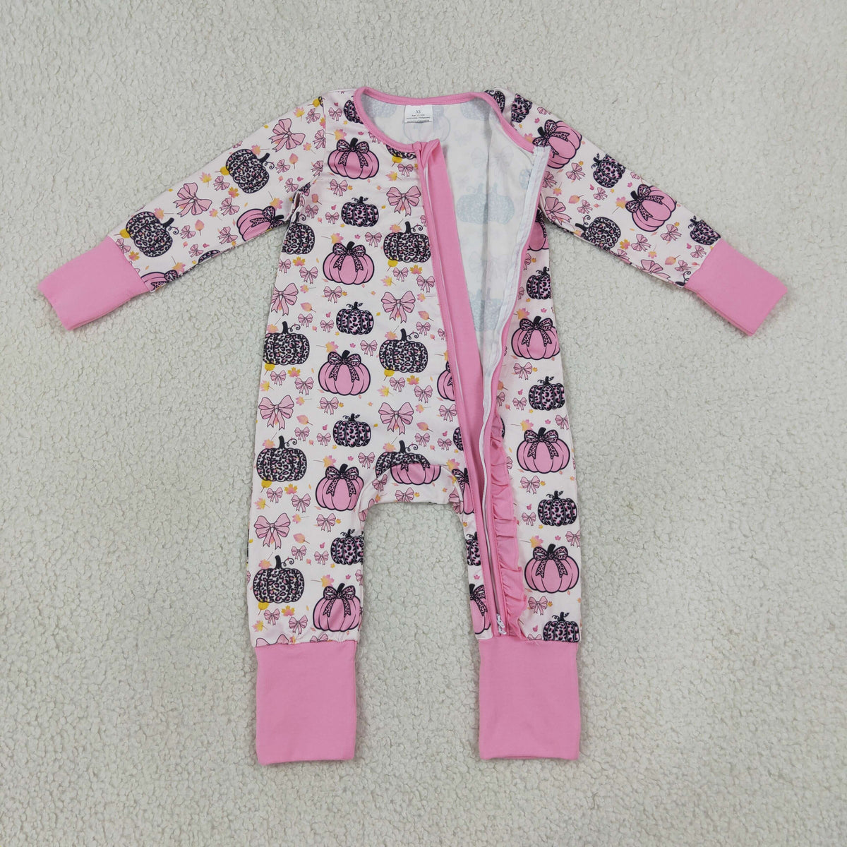 LR3061 Baby Girls Pink Bows Pumpkins Fall Two Way Ruffle Zip Convertible Rompers