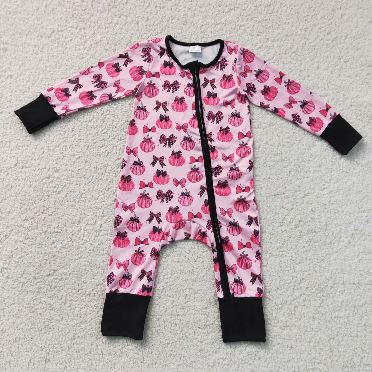 LR3069 Baby Girls Long Sleeve Pink Bows Pumpkins Fall Two Way Zip Convertible Rompers