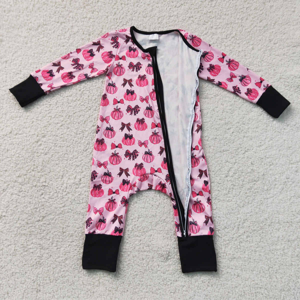 LR3069 Baby Girls Long Sleeve Pink Bows Pumpkins Fall Two Way Zip Convertible Rompers