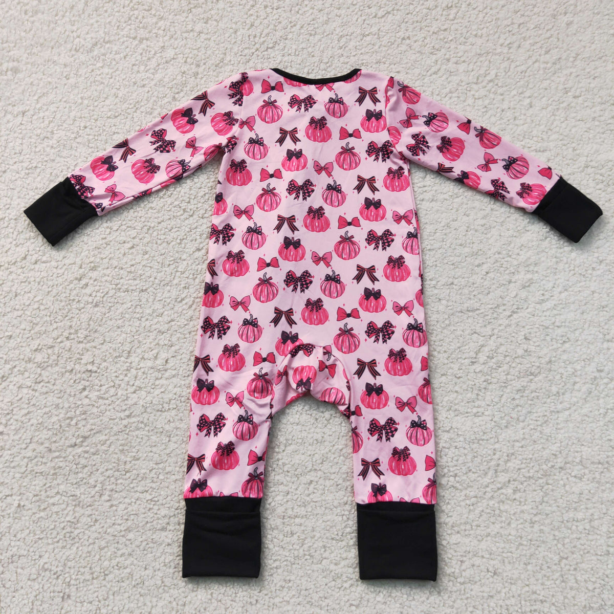 LR3069 Baby Girls Long Sleeve Pink Bows Pumpkins Fall Two Way Zip Convertible Rompers