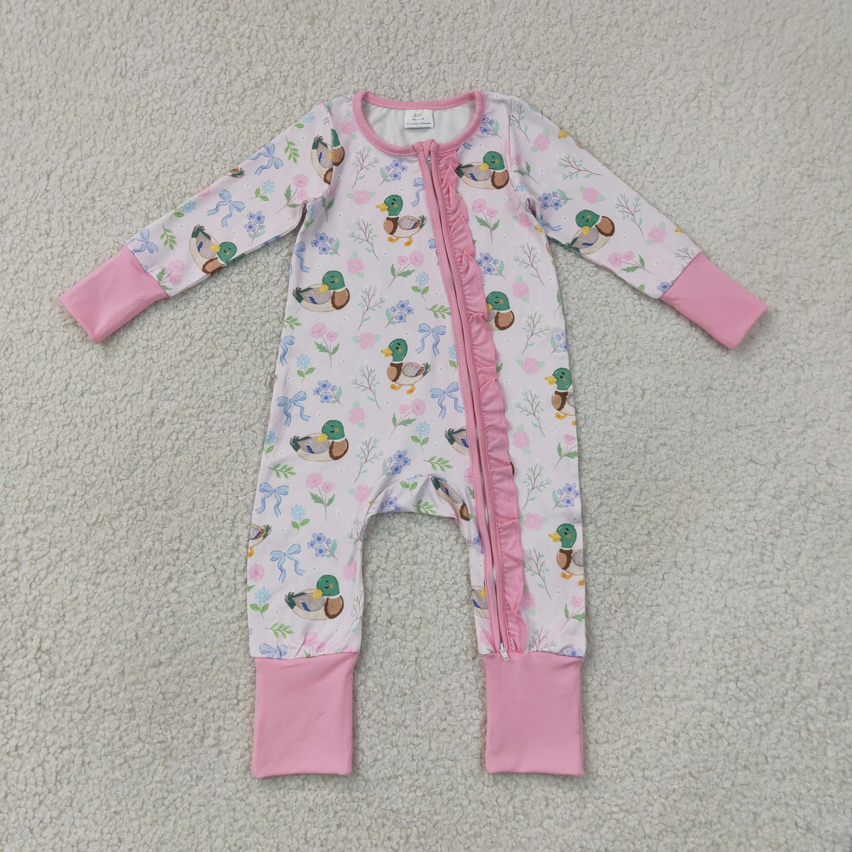 LR3071 Baby Girls Pink Flowers Ducks Hunting Two Way Ruffle Zip Convertible Rompers
