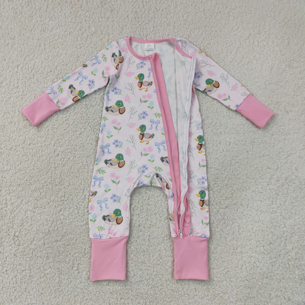 LR3071 Baby Girls Pink Flowers Ducks Hunting Two Way Ruffle Zip Convertible Rompers