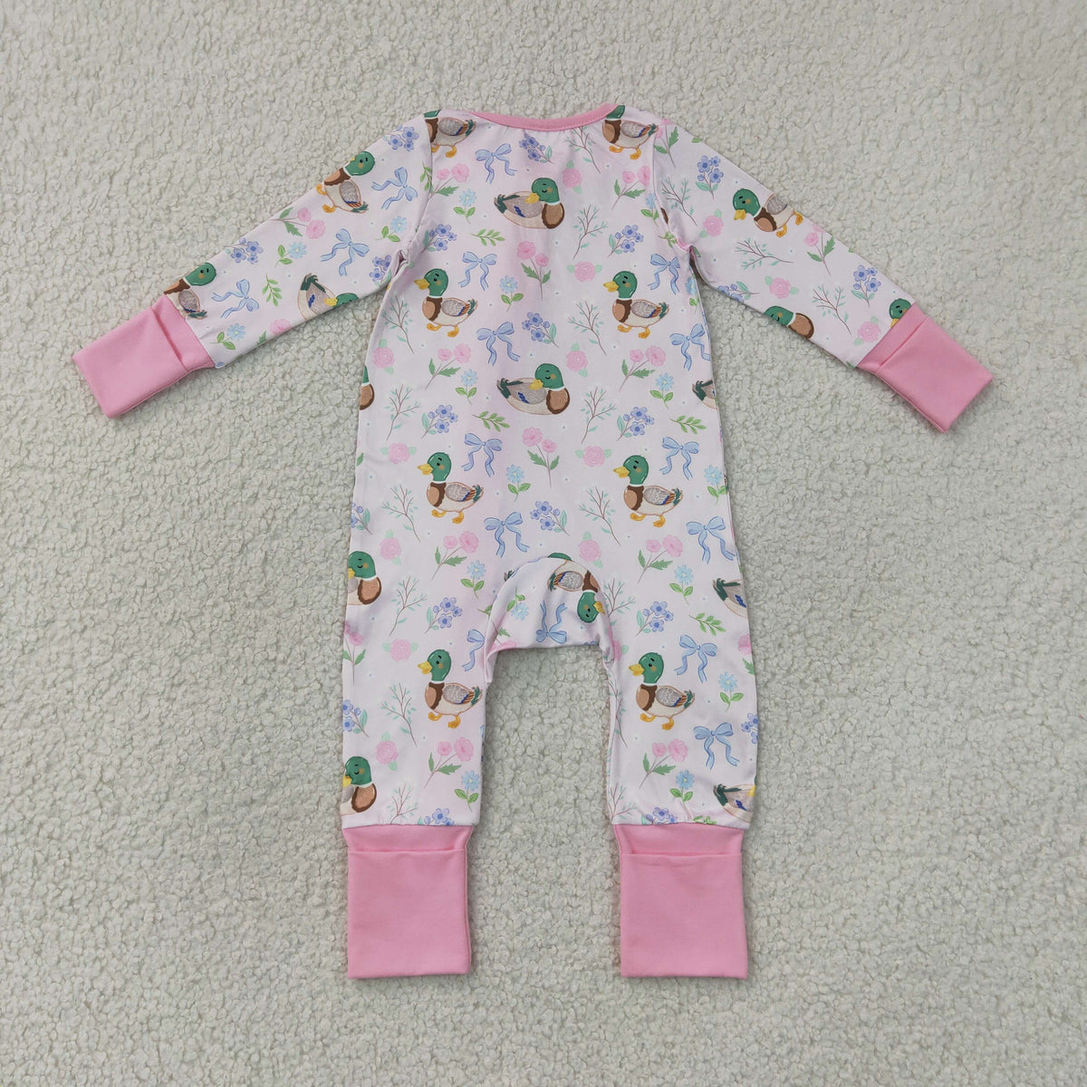LR3071 Baby Girls Pink Flowers Ducks Hunting Two Way Ruffle Zip Convertible Rompers