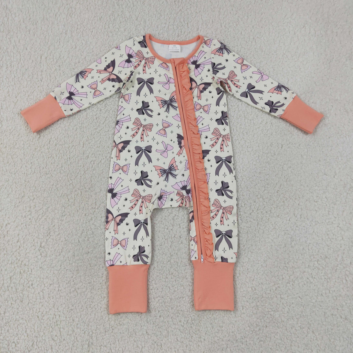 LR3078 Baby Girls Ghost Spides Bows Halloween Two Way Ruffle Zip Convertible Rompers