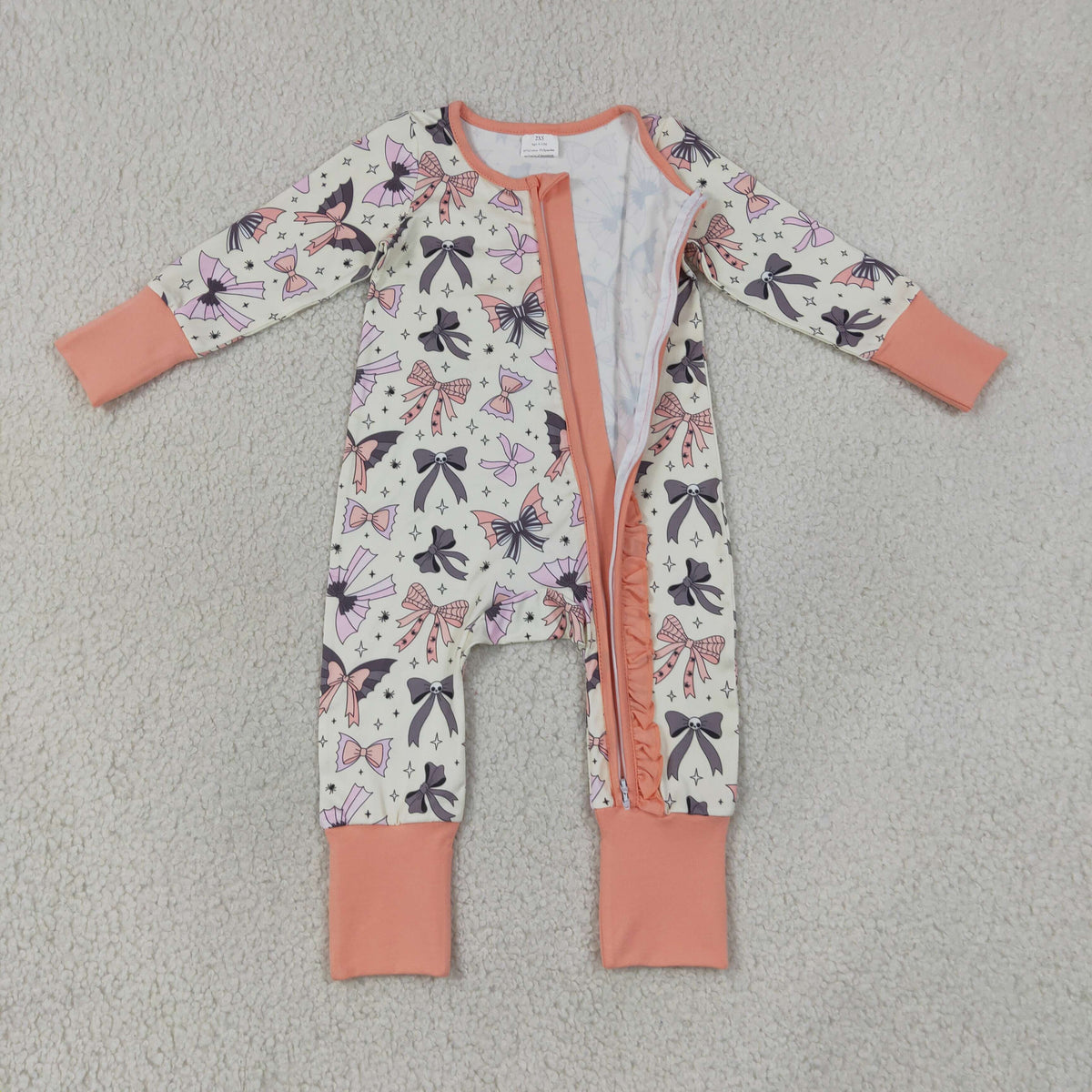 LR3078 Baby Girls Ghost Spides Bows Halloween Two Way Ruffle Zip Convertible Rompers